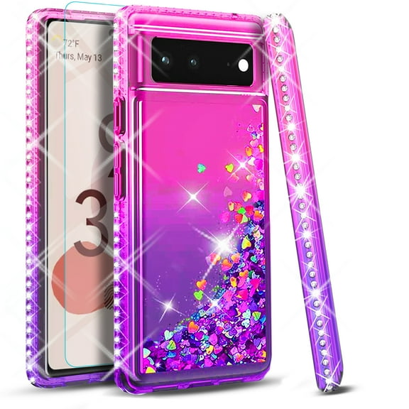 Starshop Case for Google Pixel 7 Pro,  Glass Screen Protector, Liquid Glitter Quicksand Bling Diamond Pink/Purple