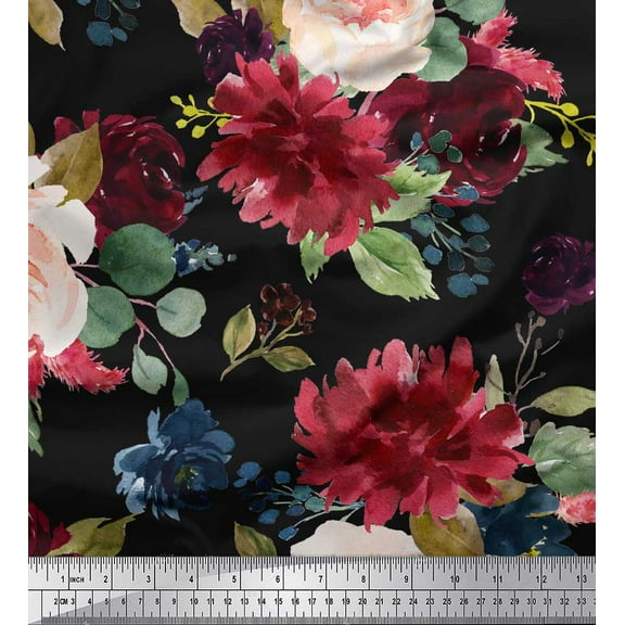Soimoi Black Cotton Duck Fabric Leaves & Peony Floral Print Fabric by the Yard 42 Inch Wide