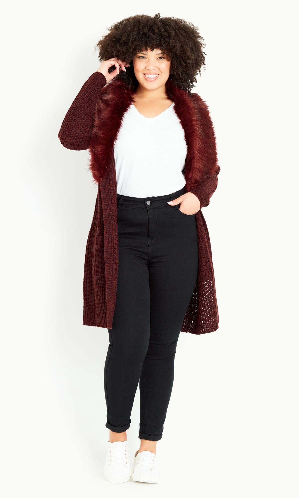Evans Women's Plus Size Faux Fur Collar Long Sleeves Cardigan - Walmart.com