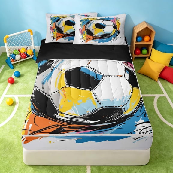 Manfei Sport Zipper Twin Comforter Sets with Fitted Sheet and 2 Pillowcases, Graffiti Soccer Zipper Bedding Set, White Blue Yellow