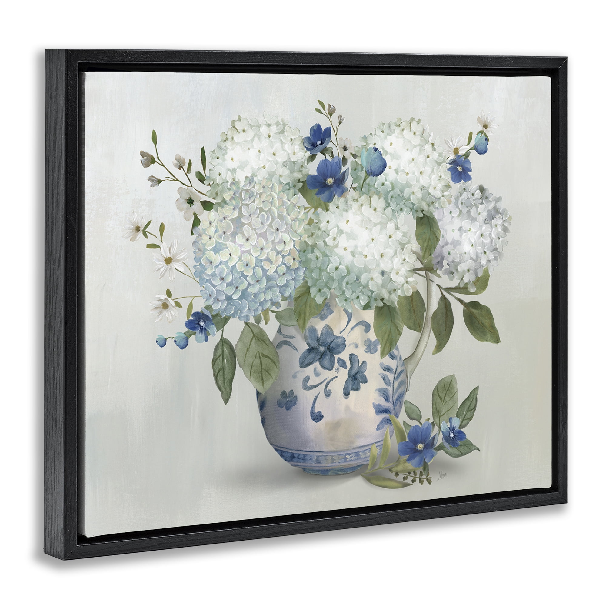 Stupell Industries Ivory & Blue Hydrangea Vase Black Framed Floater Canvas Wall Art, design by Nan
