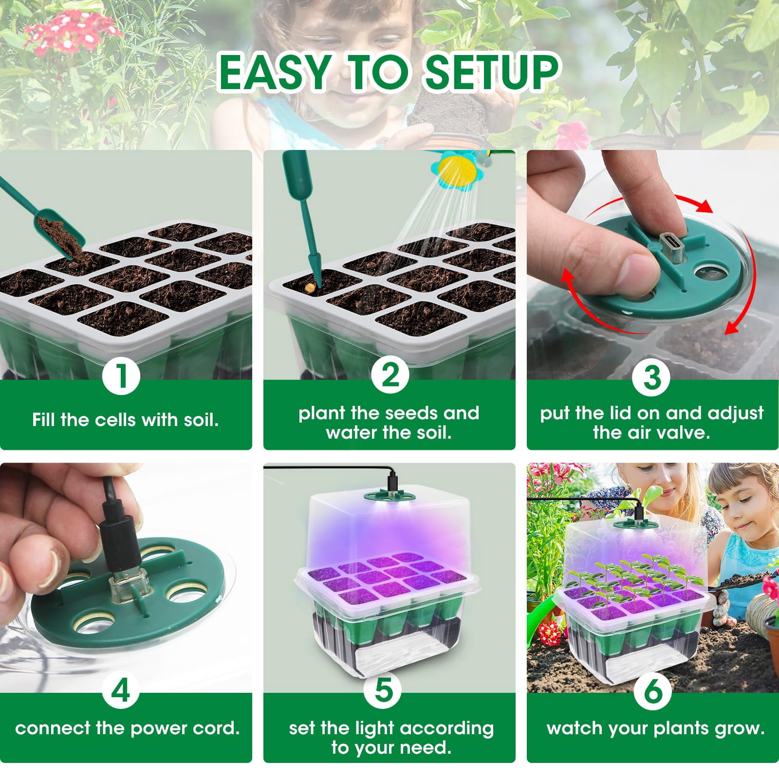 Seed Starter Tray with Grow Light,5 Pack 60 Cells Seedling Tray Kit Reusable & Dishwasher Safe for Starting Vegetable, Flower & Herb Seeds Indoor Grow Kit for Deep-Rooted Seedlings