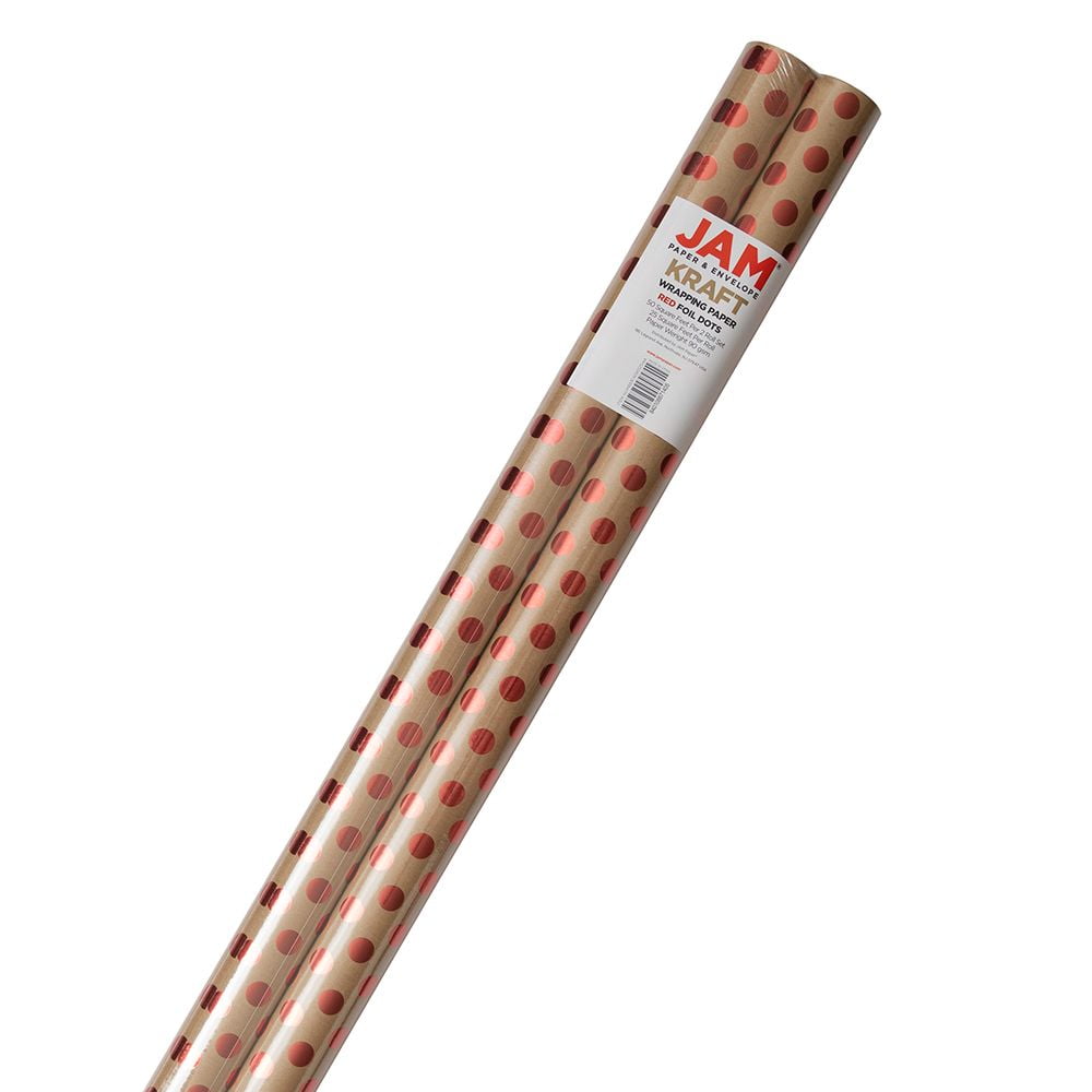 JAM Brown Paper Christmas Kraft Gift Wrap Papers, with Red Dots (2 Rolls) 50 sq ft.