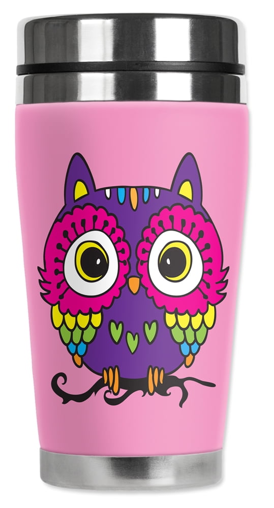 Mugzie MAX 20-Ounce Stainless Steel Travel Mug with Insulated Wetsuit Cover Pink Owl Art Plates Pink Owl-MAX