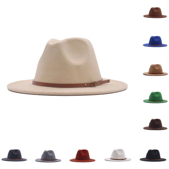 HNMKIU Sun Hats For Men And Women Fedora Panama Wool Belt Classic Buckle Floppy Wide Hat