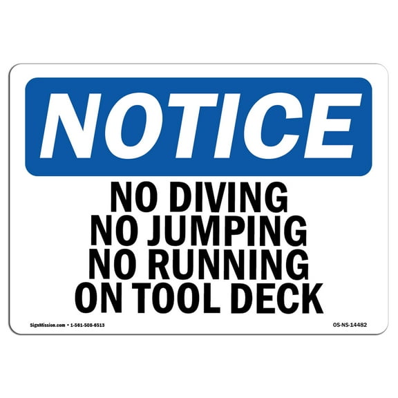OSHA Notice Sign - No Diving No Jumping No Running On Pool Deck | Decal | Protect Your Business, Construction Site |  Made in the USA