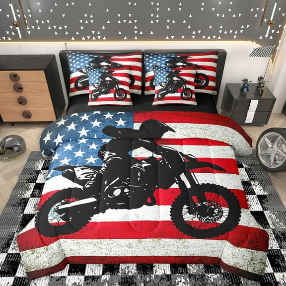Homewish Motorcycle Game 7-Piece Twin Bedding Sets,Exterme Sport Bedding Comforter Set,American Flag Sheet Sets For Boys Teens,Super Cozy Room Decor Reversible