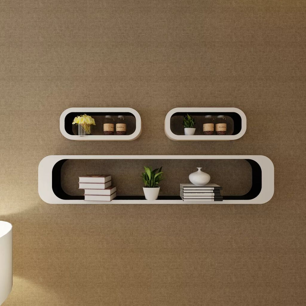 Kepooman 3 Pcs MDF Wall Mounted Storage Cubes Bookshelf for Home Office Decor, White + Black
