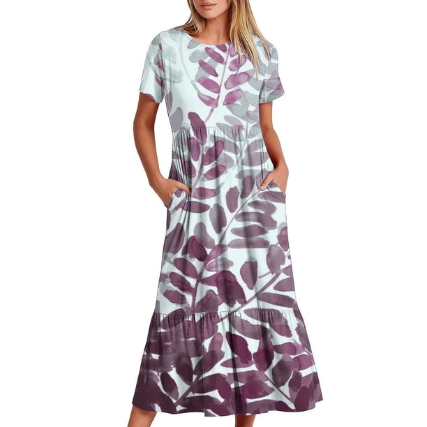 Vestido de Manga Corta para Mujeres Vestido de Verano de Cuello Redondo Impreso, Poliéster de Tamaño Verdadero Diario Y Vestido de Fiesta