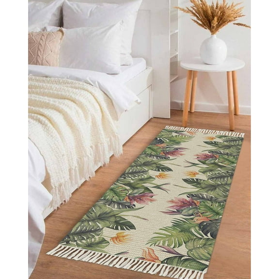 Palm Leaves Hallway Runner Rug 2x6ft,Summer Botanical Tropical Plants Rustic Washable Woven Living Room Bedroom Kitchen Bathrom Carpet with Tassels,Indoor Outdoor Throw Door Mat for Entryway