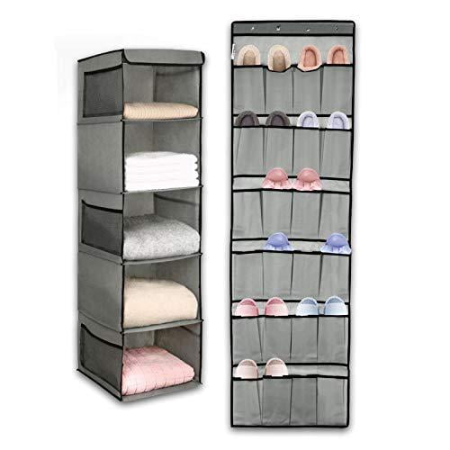 MAXPORIUM Hanging Shelves Wardrobe Organiser with 4 Side Mesh Pockets and 5 Storage Shelves Foldable and Breathable Wardrobe Storage Organiser for clothes shoes and accessories Black