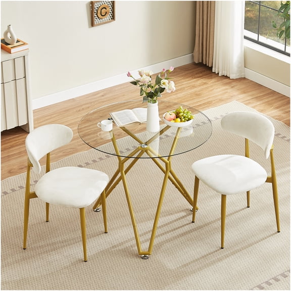 35.4" Round Gold Glass Dining Table for 4, Small Space Kitchen & Living Room Table with Sturdy Metal Base