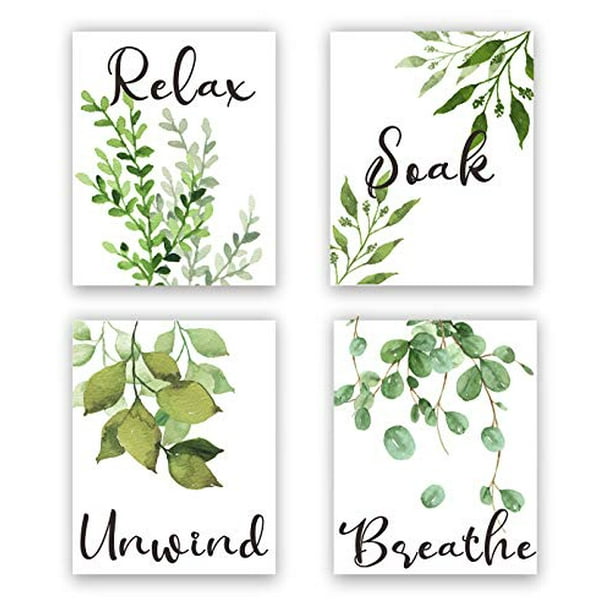 Relax Soak Unwind Breathe Green Leaf Bathroom Wall Decor Set of 4