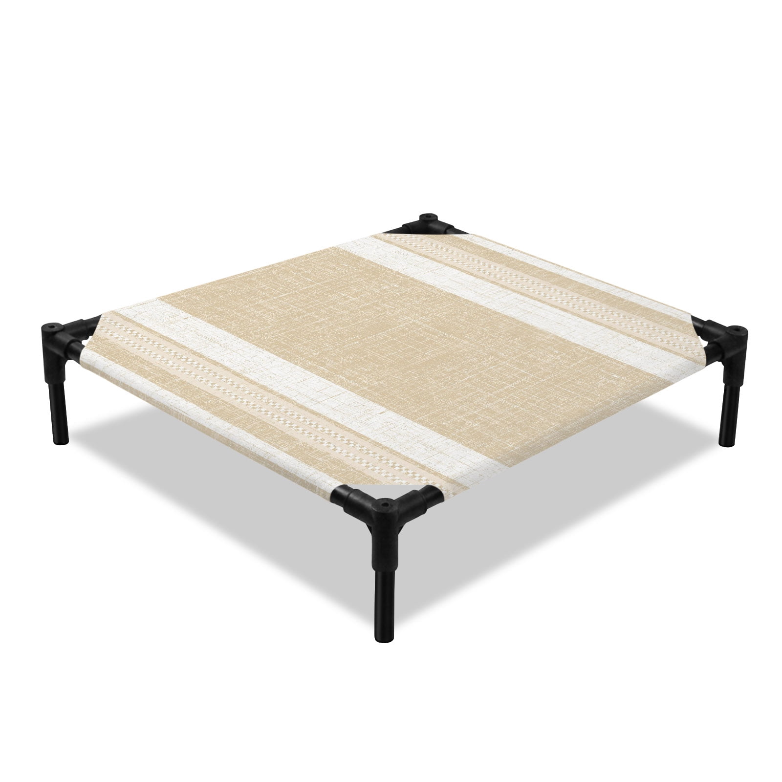 Beige Stripes Elevated Dog Bed Minimalist Cream Linen Texture Modern Cooling Breathable Outdoor Raised Dog Cot Bed with Metal Frame Non-Slip Feet for Small Dog 20x20in