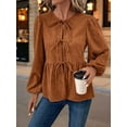 thumbnail image 4 of Women'S Spring Fall Babydoll Peplum Blouse Shirt Puff Long Sleeve Tie Front Trendy Cute Y2K Going Out Tops Khaki L, 4 of 7