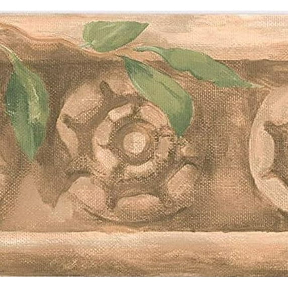 Concord Wallcoverings Wallpaper Border Tropical Pattern Architectural Design Faux Stone Plants for Dining Area Cottage Trailer House, Brown Beige Green, 5.25 Inches by 15 Feet OT4184B