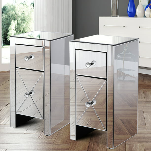 Jaxpety Set Of 2 Mirrored Nightstand, Mirrored Side Table With Drawers