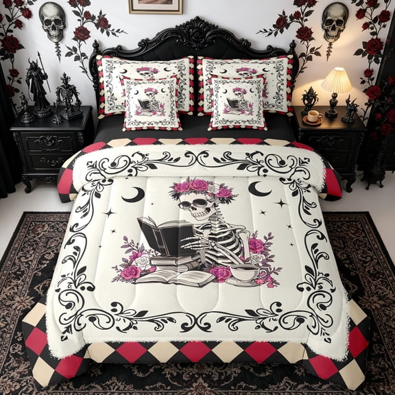 Homewish Retro Reading Skeleton Twin Bedding for Kids, Checkered Rose Witchy Bedding Comforter Set, Black Reversible, 7-Piece