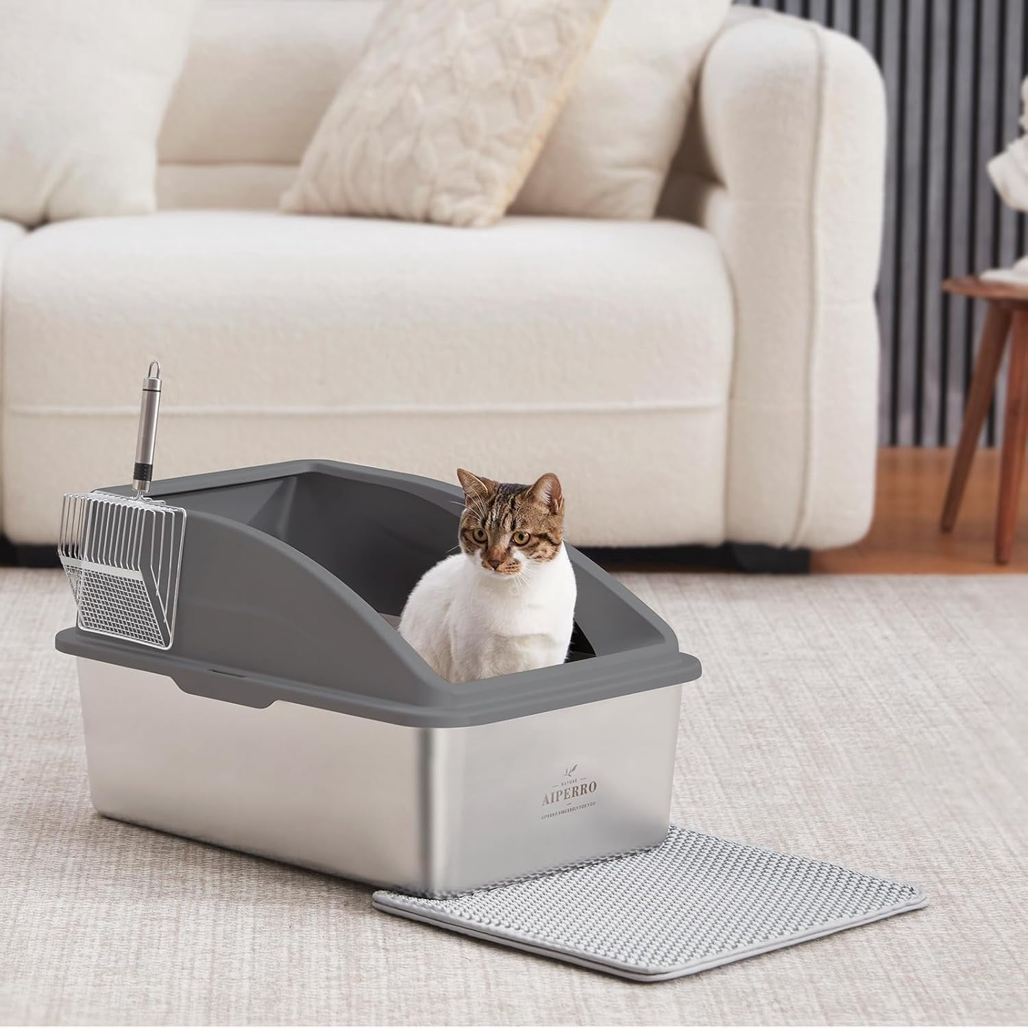 Stainless Steel Litter Box | Metal Kitty Litter Box with Lid High Sided for Small Cats or Injured Cats, Bunny Litter Boxes, Low Entry, Odor-Free, Non-Stick,Includes Scoop (Dark Gray, Small)