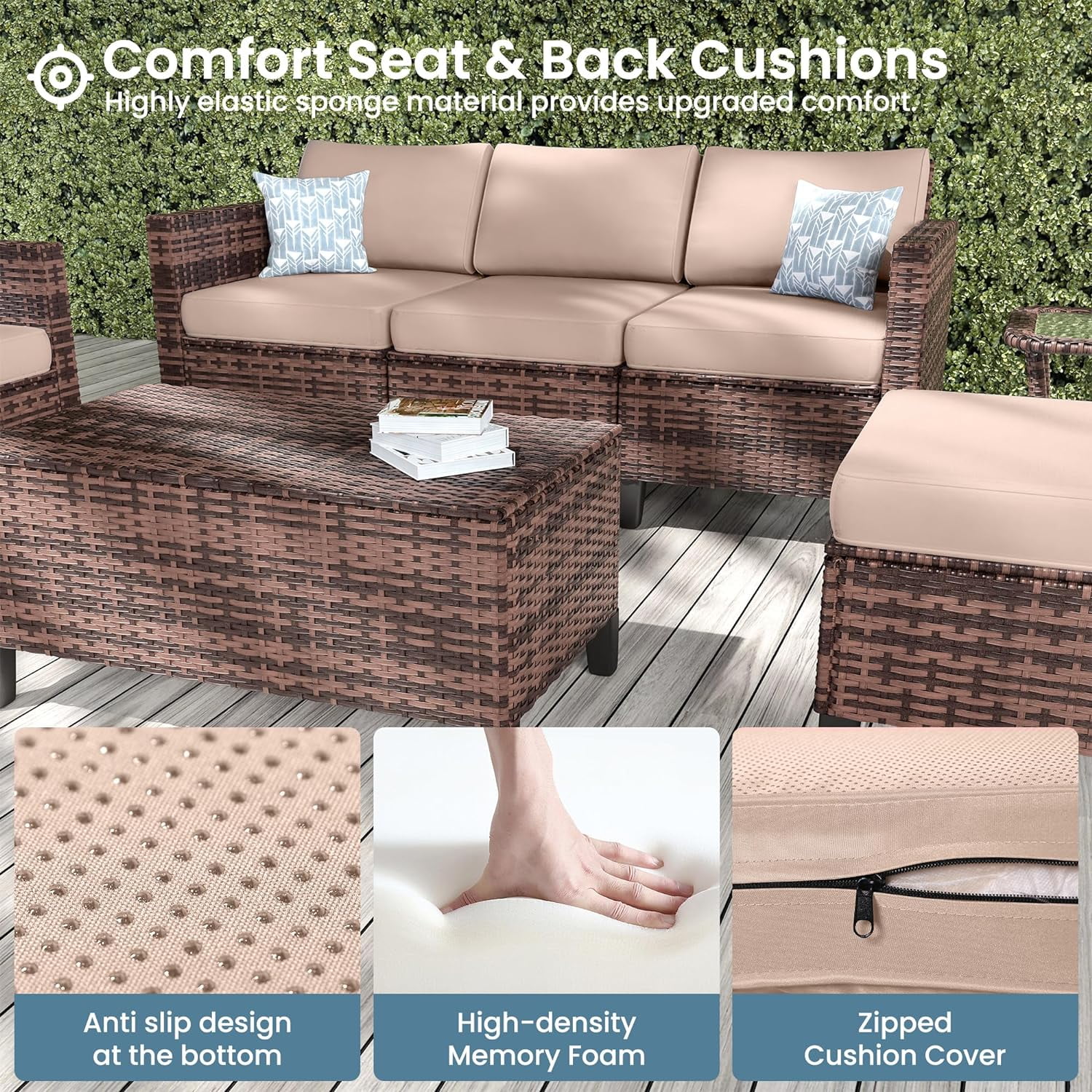 ELPOSUN 7-Piece Rattan Outdoor Patio Furniture Set with Swivel Chairs and Storage Table, Beige
