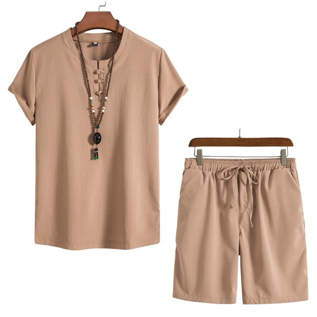 Weiqiqre Men's 2 Piece Outfits Linen Set Short Sleeve Shirt Top and Drawstring Waist Vacation Short Sets