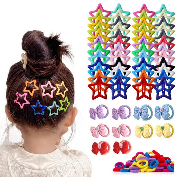 110 PCS Colorful Star Hair Clips Ties for Girls, Hair Accessories Set for Toddlers, Star Snap Clip Cute Bow Hair Ties Colorful Hair Elastic Kits for Kids