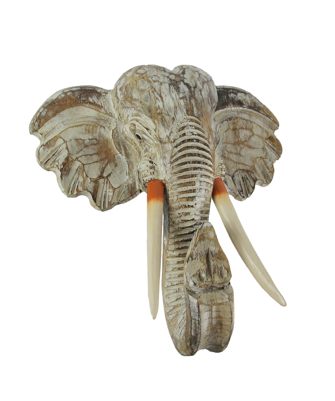 OffWhite Hand Carved Wood Elephant Head Wall Hanging 16 inch