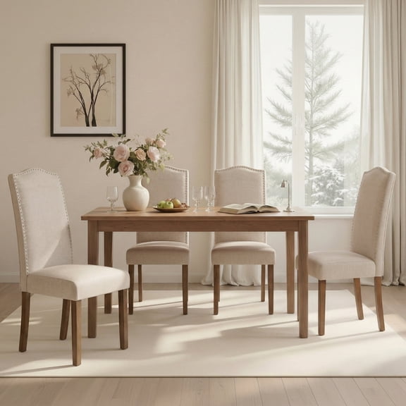 Snugway Dining Chair Beige Upholstered Parson Chair with Nailhead Trim, Set of 4