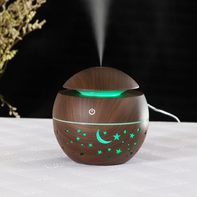 COM1950s Portable Humidifier and Essential Oil Diffuser,Mini Cool Mist Ultrasonic Humidifier with Color Changing Night Light,Wood Grain Design for Room and Office