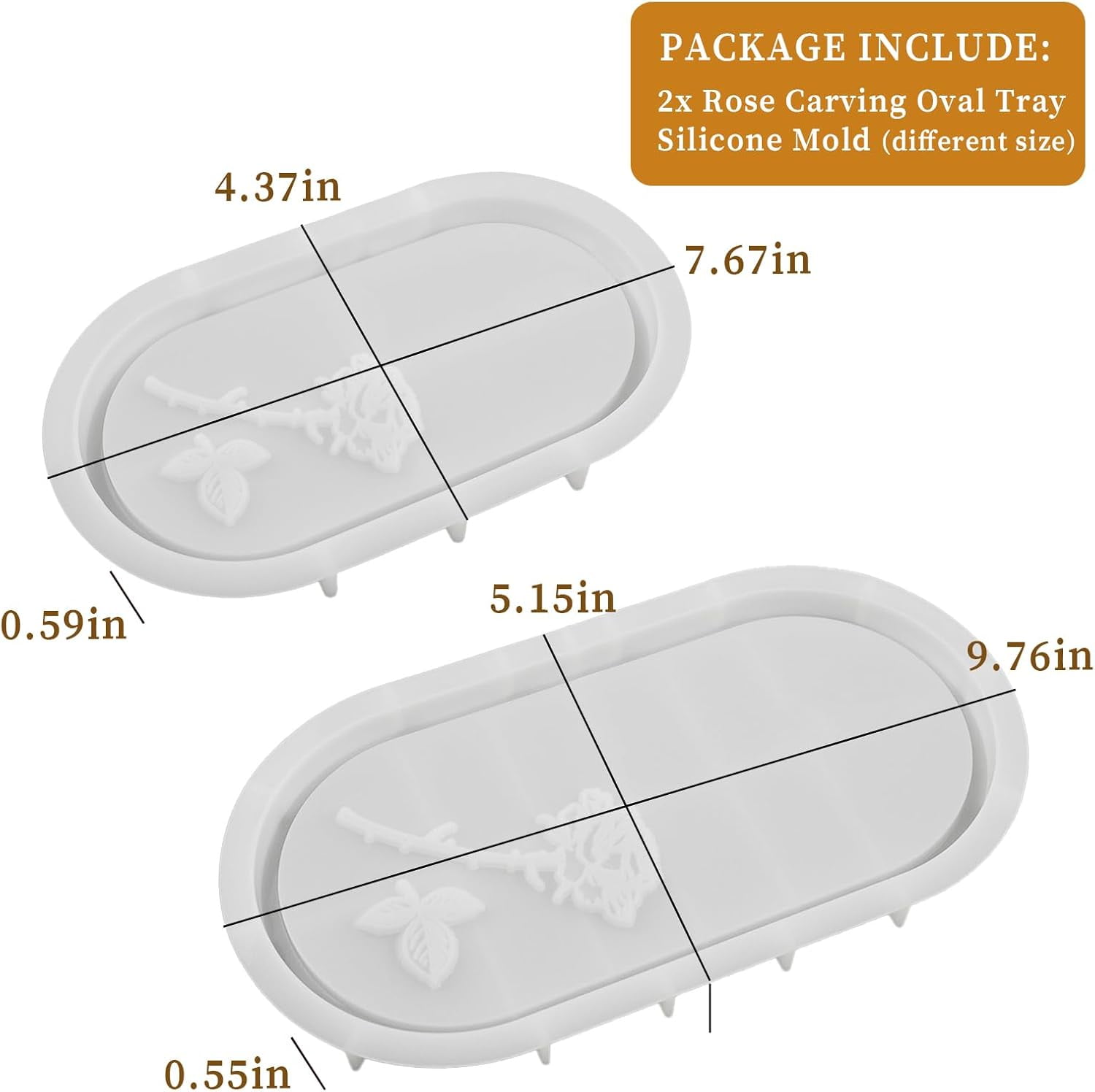 ABCISI Oval Tray Molds for Resin Concrete, 2 Size Rose Carved Oval Silicone Tray Mold, Epoxy Resin Casting Mold for Jewelry Holder Bathroom Vanity Tray Candle Holder Storage, Floral Crafts Gift