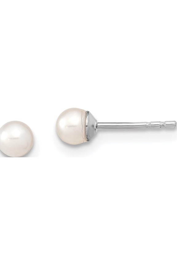 Sterling Silver Rhodium 3-4mm White Fw Cultured Round Pearl Stud Earrings Made In Canada qe12730
