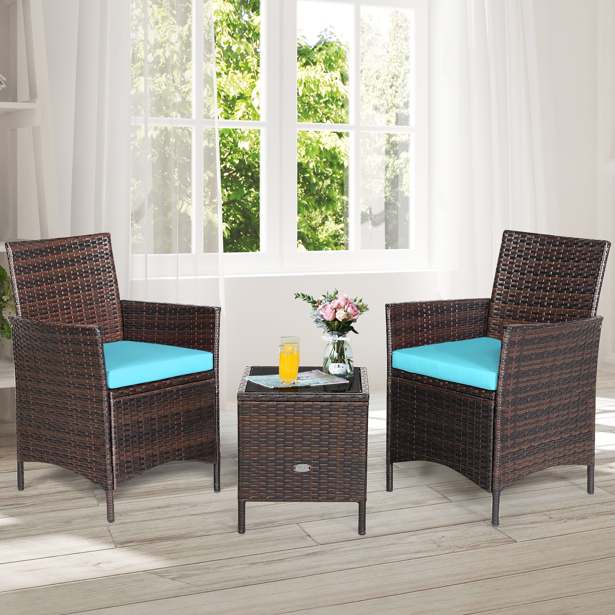 Costway 3PCS Patio Rattan Furniture Set Cushioned Sofa Glass Tabletop Deck Blue
