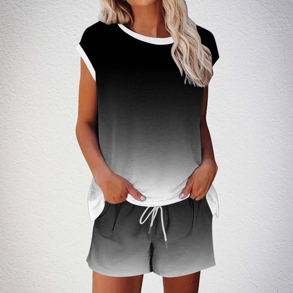 Htigea Two Piece Set for Women 2025 Summer Lounge Sets Tracksuit Outfits Shorts and Short Sleeve Tops Knitted Clothes Black,L