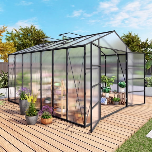 10x14FT Walk-in Outdoor Polycarbonate Greenhouse, Reinforced Aluminum Frame with Vent, for Backyard or Garden, Black