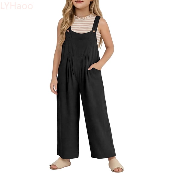 LYHaoo Girls Casual Jumpsuit Girls Summer Sleeveless Wide Leg Romper Jumpsuit Casual Loose Fit Jumpsuits With Pockets Pure Color Textured,Sizes 11-12 Years