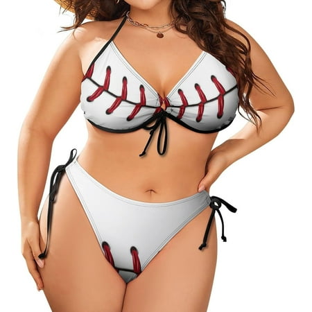 Women Softball Baseball Red Lace Plus Size String Triangle Bikini Set Adjustable Halter Side Tie Swimsuit
