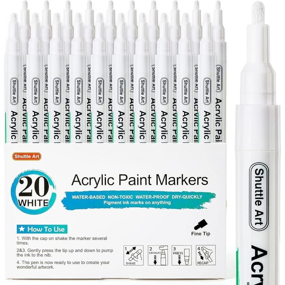 Shuttle Art White Paint Pens, 20 Pack Fine Tip Acrylic Pens, Water-Based Quick Dry Markers for Rock, Wood, Metal, Plastic, Glass, Canvas, Ceramic
