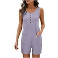 thumbnail image 4 of QATAINLAV Rompers for Women 2025 Summer Casual Sleeveless Button Neck Short Jumpsuits Eyelet Embroidery Comfy Overalls with Pockets Purple XXL 50% Percent off Sales Today, 4 of 9