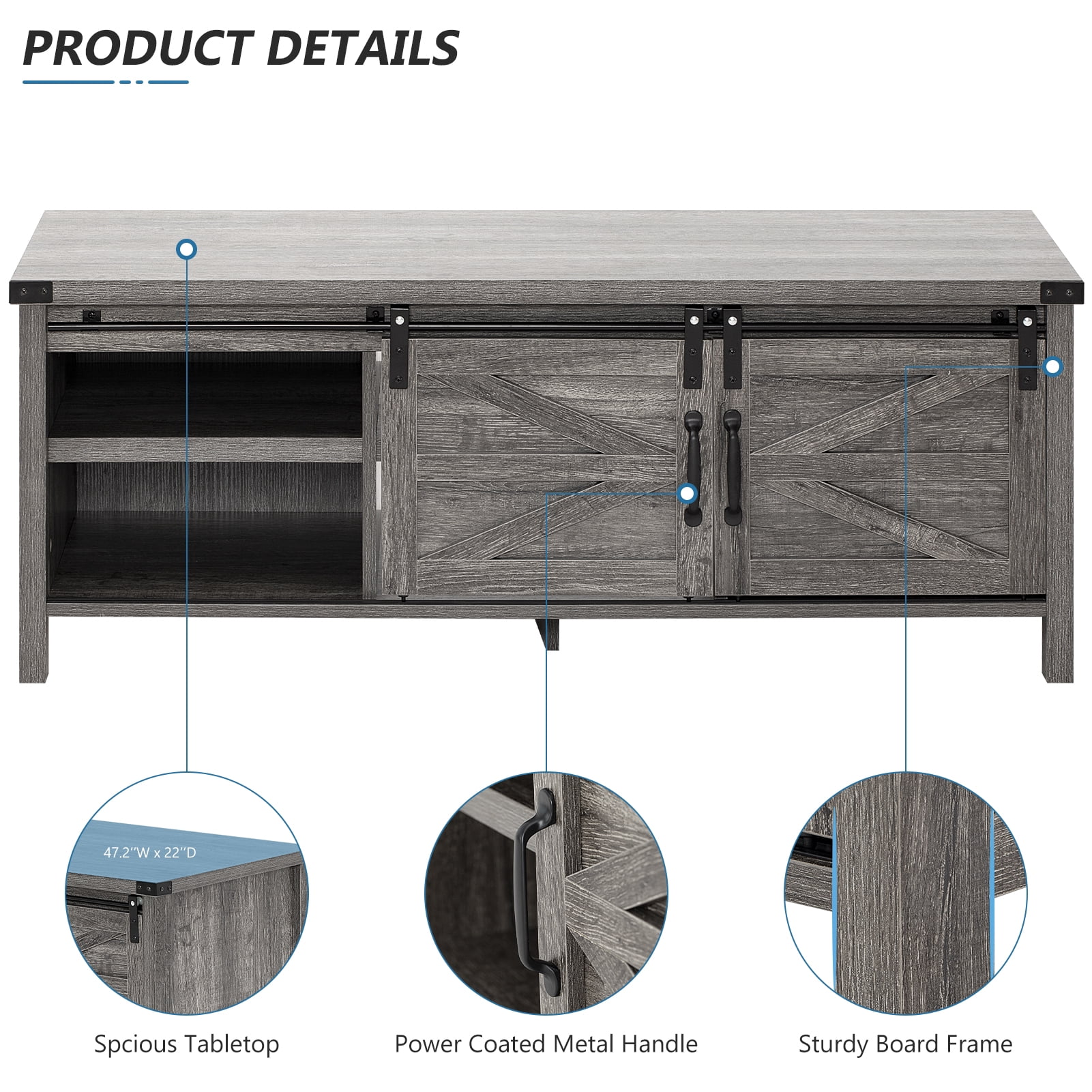 Yaoping 48" Modern Farmhouse Coffee Table with Adjustable Storage Cabinets Shelves, Modern Coffee Table for Living Room with Sliding Barn Door