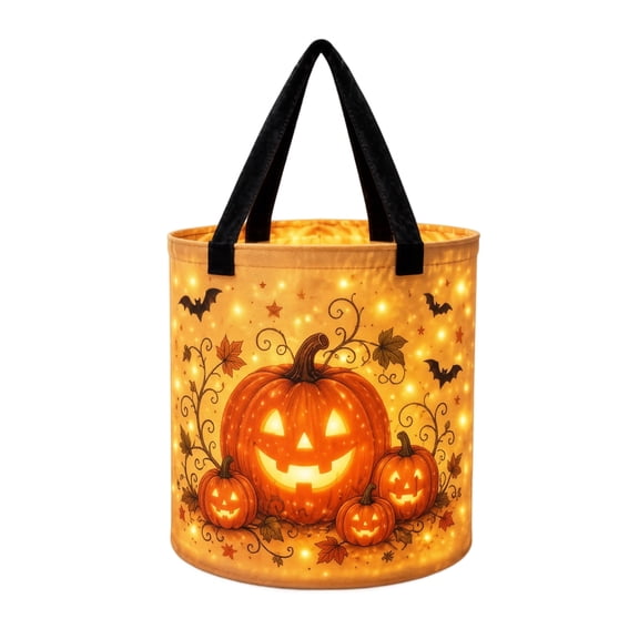 Halloween Glowing Trick-or-Treat Basket | Canvas Candy Bucket with Handles, Light Up Designs