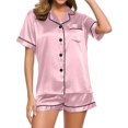 thumbnail image 3 of Jacenvly Silk Pajamas for Women Set Light Breathable Holiday Pajamas for Women Summer Loose Half V-Neck Solid Mid-Calf Shirt Pajama Sets Pink, 3 of 9