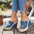 thumbnail image 3 of Denim Platform Sandals for Women Open Toe Double Buckle Band Wedges Heels Nonslip Slip on Slides HIgh Heeled Beach Shoes Blue Size 9, 3 of 5