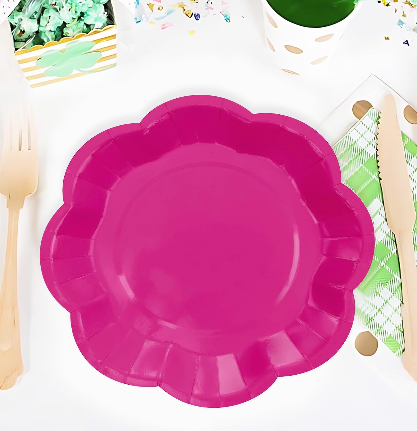 50 PCS Hot Pink Paper Plates 7 Inch Scalloped Dessert Plates Hot Pink Disposable Plate for Party Dinner Wedding Baby Shower Birthday Cake Plate