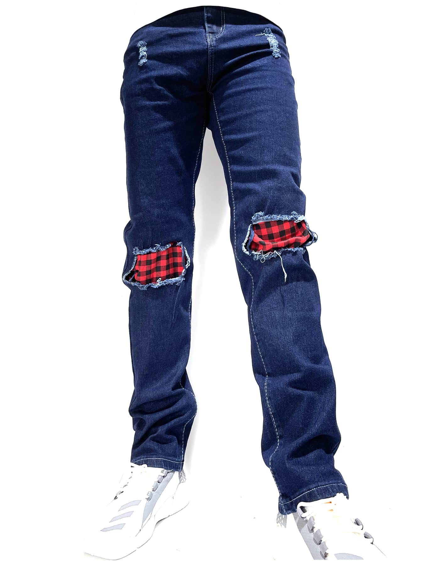 Dark Wash Guys Plaid Print Ripped Jeans 