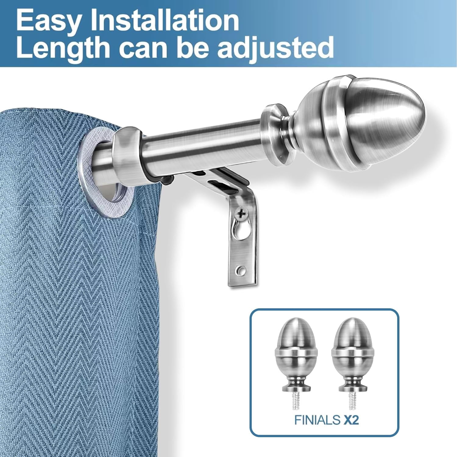 Urbanest Adjustable Single Curtain Rod Set Acorn Finials – 5/8-Inch Diameter, With Brushed Steel Rod, 48–84 Inches