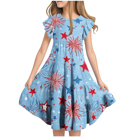 Mitankcoo 4th of July Dresses for Girls Fashion Print Crew Neck Flutter Sleeve A-Line Dress Daily Casual 6-15Y
