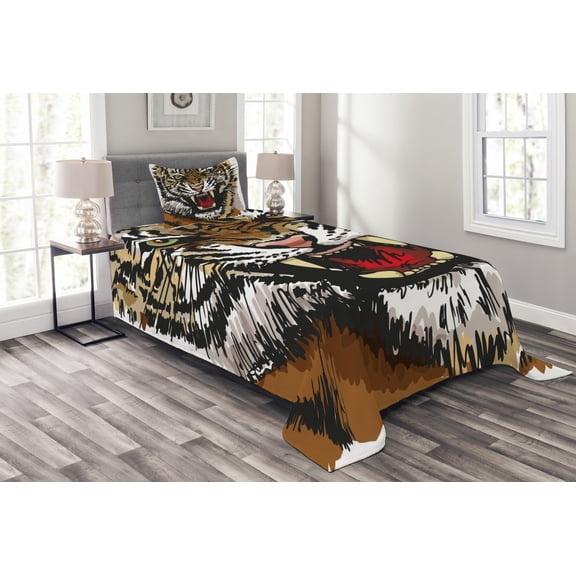 Ambesonne Tiger Quilted Bedspread Set 2 Pcs, Angry Eyes Sketch Art, Twin Size, Multicolor