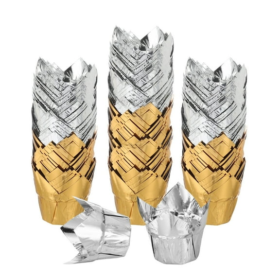 Uxcell 100 Pcs Tulip Cupcake Liners, Muffins Liners Aluminum Foil Cupcake Wrappers Baking Cups Muffins Liners for Wedding Birthday Party Supplies, Gold/Silver