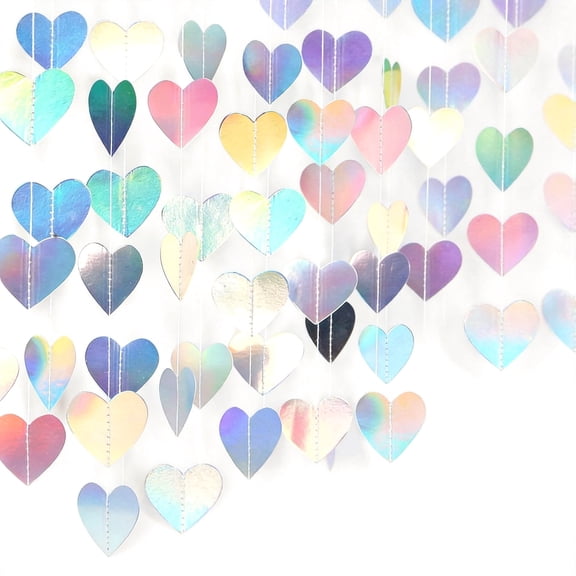 Iridescent Heart Garland 4PCS 52Ft Holographic Neon Hanging Streamers Banner for Wedding Birthday Bridal Shower Party Decor Laser Silver