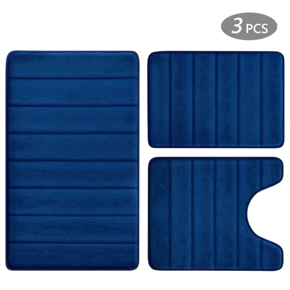 Tripumer 3 Pcs Memory Foam Bathroom Mat Set Bathroom Rug Set Non Slip Absorbent Toilet Mat Set Comfortable Soft Machine Wash Non-Slip Thick Navy Blue